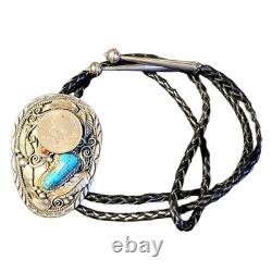 Bolotie en argent sterling avec turquoise Morenci et corail Navajo de Justin Morris