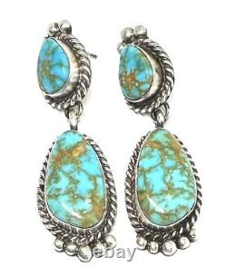 Boucle d'oreille pendante en argent sterling américain natif Navajo fait main avec turquoise naturelle
