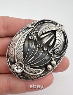 Boucle de ceinture en argent sterling 3D estampée à plume et feuille de fleur Navajo Vtg 2.5