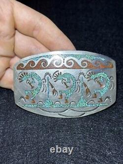 Boucle de ceinture vintage en argent avec turquoise et corail Kokope dansante Navajo amérindienne