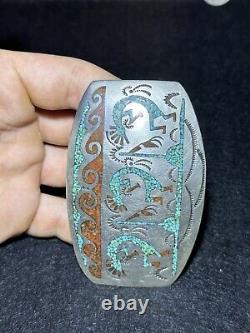 Boucle de ceinture vintage en argent avec turquoise et corail Kokope dansante Navajo amérindienne