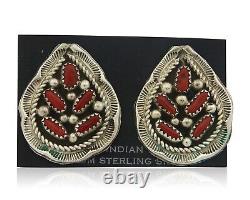 Boucles d'oreilles Navajo en argent 925 avec corail naturel, artiste amérindien, années 80