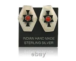 Boucles d'oreilles Navajo en argent 925 avec corail naturel, artiste amérindien, années 80