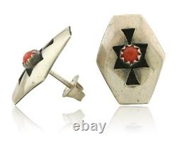 Boucles d'oreilles Navajo en argent 925 avec corail naturel, artiste amérindien, années 80