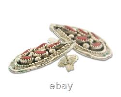 Boucles d'oreilles Navajo en argent 925 avec corail naturel, artiste amérindien, années 80