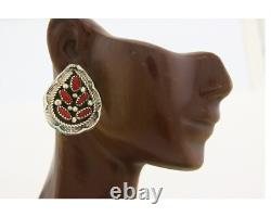 Boucles d'oreilles Navajo en argent 925 avec corail naturel, artiste amérindien, années 80