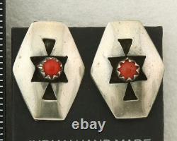 Boucles d'oreilles Navajo en argent 925 avec corail naturel, artiste amérindien, années 80