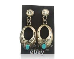 Boucles d'oreilles Navajo en argent 925 avec turquoise naturelle, artiste amérindien C80s