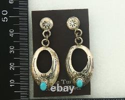Boucles d'oreilles Navajo en argent 925 avec turquoise naturelle, artiste amérindien C80s