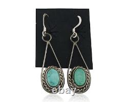 Boucles d'oreilles pendantes Navajo en argent 925 et turquoise naturelle de l'artiste amérindien C. des années 80