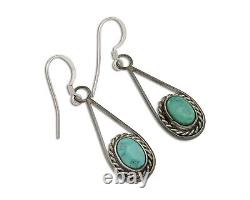 Boucles d'oreilles pendantes Navajo en argent 925 et turquoise naturelle de l'artiste amérindien C. des années 80