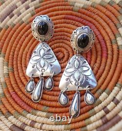 Boucles d'oreilles pendantes en argent sterling 925 onyx Navajo amérindien