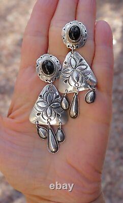 Boucles d'oreilles pendantes en argent sterling 925 onyx Navajo amérindien