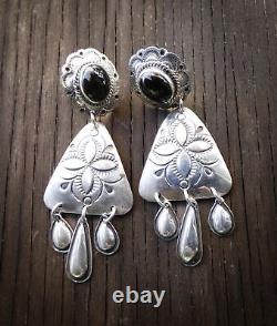 Boucles d'oreilles pendantes en argent sterling 925 onyx Navajo amérindien