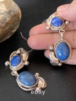 Boucles d'oreilles pendantes en argent sterling Navajo amérindien en denim lapis 2 01866