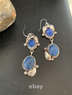 Boucles d'oreilles pendantes en argent sterling Navajo amérindien en denim lapis 2 01866