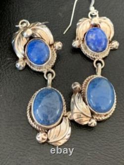 Boucles d'oreilles pendantes en argent sterling Navajo amérindien en denim lapis 2 01866