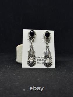 Boucles d'oreilles pendantes en argent sterling avec onyx noir fait main, amérindiennes Navajo