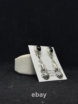 Boucles d'oreilles pendantes en argent sterling avec onyx noir fait main, amérindiennes Navajo