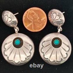 Boucles d'oreilles pendantes en argent sterling et turquoise amérindiennes Navajo Longueur 45mm.
