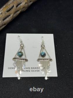 Boucles d'oreilles pendantes en argent sterling turquoise d'un roi navajo amérindien
