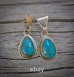 Boucles d'oreilles pendantes en or 14 carats avec turquoise amérindienne Navajo
