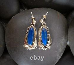 Boucles d'oreilles pendantes en or 14 carats et lapis-lazuli vintage des Amérindiens Navajo
