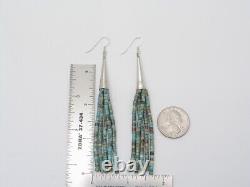 Boucles d'oreilles pendantes en turquoise faites à la main par des Amérindiens Navajos en 5 brins de perles Heishi
