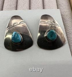 Boucles d'oreilles surdimensionnées en argent sterling et turquoise amérindiennes modernistes
