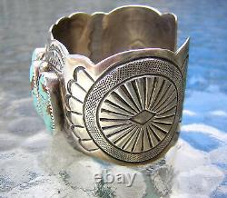 Bracelet Large Cuff Turquoise Sterling Signé Wb Wilbert Benally 1970 Navajo