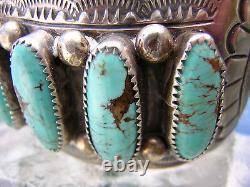 Bracelet Large Cuff Turquoise Sterling Signé Wb Wilbert Benally 1970 Navajo