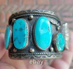Bracelet Native American Navajo Sterling Silver Cuff Avec Turquoise & Porte-horloge
