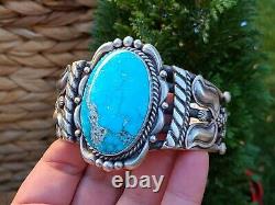 Bracelet Native American Sterling Silver Turquoise Cuff Signé Parronald Tom