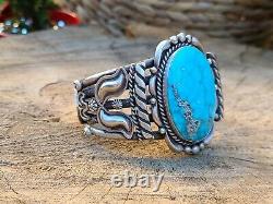 Bracelet Native American Sterling Silver Turquoise Cuff Signé Parronald Tom