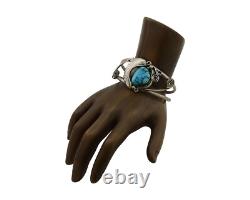 Bracelet Navajo en argent 925 turquoise bleue artiste amérindien C. années 80