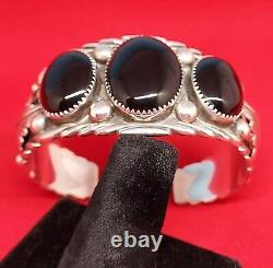 Bracelet Navajo en onyx noir & manchette en argent sterling style amérindien vintage USA