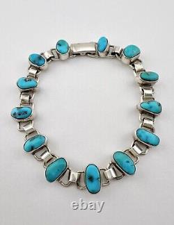 Bracelet de maillons ovales en argent sterling navajo vintage avec turquoise bleue