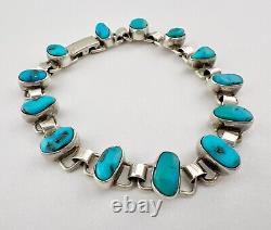 Bracelet de maillons ovales en argent sterling navajo vintage avec turquoise bleue