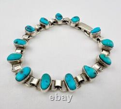 Bracelet de maillons ovales en argent sterling navajo vintage avec turquoise bleue