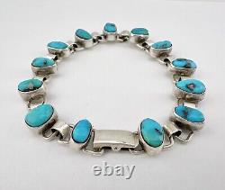 Bracelet de maillons ovales en argent sterling navajo vintage avec turquoise bleue