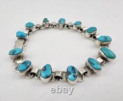 Bracelet de maillons ovales en argent sterling navajo vintage avec turquoise bleue