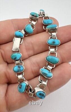 Bracelet de maillons ovales en argent sterling navajo vintage avec turquoise bleue