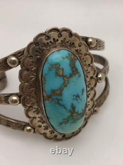 Bracelet de poignet en argent sterling 925 estampé à la main en turquoise navajo vintage 76 grammes