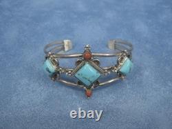Bracelet de poignet en argent sterling Navajo amérindien SW avec turquoise et corail, signé