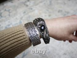 Bracelet de poignet en argent sterling onyx vintage amérindien Navajo taille 6.75
