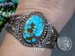 Bracelet en argent de monnaie 42g en turquoise naturelle POLYCHROME NAVAJO de l'époque Fred Harvey USA