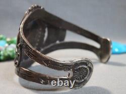 Bracelet en argent de monnaie 42g en turquoise naturelle POLYCHROME NAVAJO de l'époque Fred Harvey USA