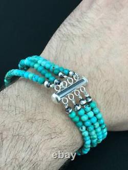 Bracelet en argent sterling Navajo amérindien à 4 brins avec turquoise bleue 1087
