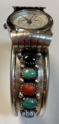 Bracelet en argent sterling Navajo amérindien avec 10 pierres signé RS, taille 6-1/2 - 37g