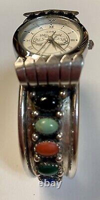 Bracelet en argent sterling Navajo amérindien avec 10 pierres signé RS, taille 6-1/2 - 37g